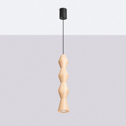 Suspension bois de hêtre ronde suspendue à son câble noir devant un mur clair