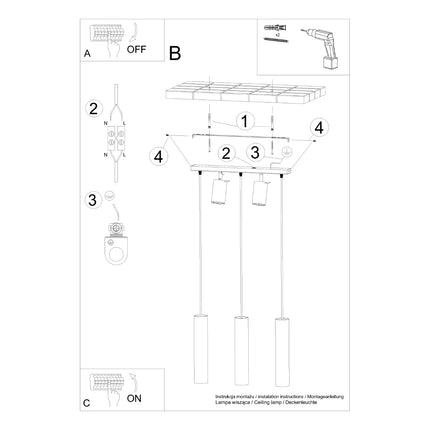 Suspension 3 spots noire allumée diffusant une lumière ciblée dans une cuisine