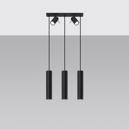 Suspension 3 spots noire avec ses trois fourreaux cylindriques suspendus par câbles fins