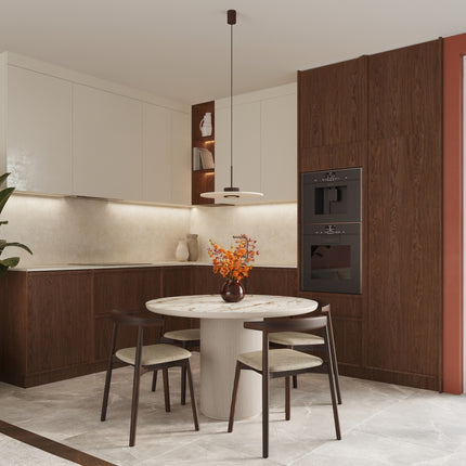 suspension disque de feutre beige à fût cannelé brun chocolat 40 cm, dans une pièce à vivre