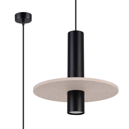 suspension disque de feutre beige et spot cylindrique noir 30 cm, vue produit