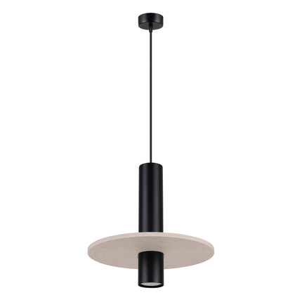 suspension disque de feutre beige et spot cylindrique noir 30 cm, packshot sur fond blanc