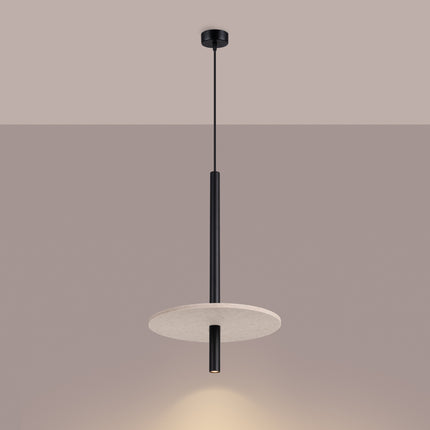 suspension disque de feutre beige et tube fin noir 30 cm, lumière allumée