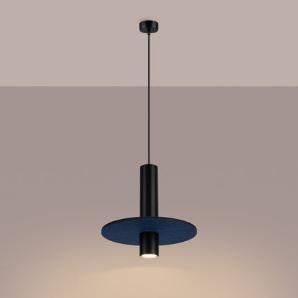 suspension disque de feutre bleu marine et spot cylindrique noir 30 cm, lumière allumée
