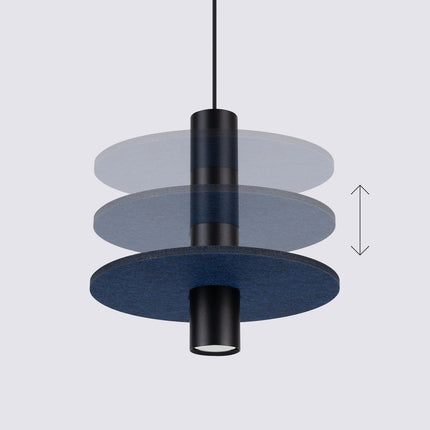 suspension disque de feutre bleu marine et spot cylindrique noir 30 cm, vue de détail