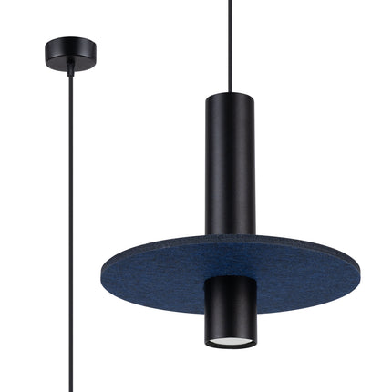 suspension disque de feutre bleu marine et spot cylindrique noir 30 cm, vue produit