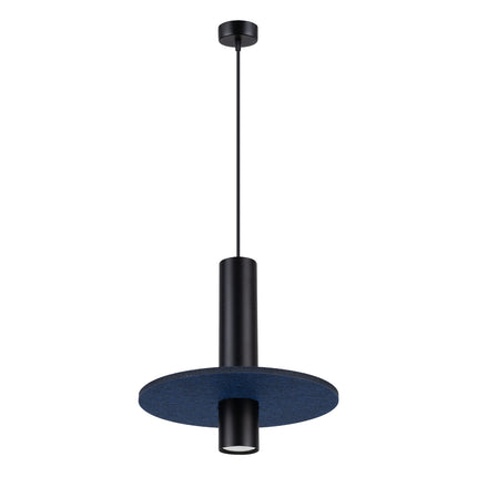 suspension disque de feutre bleu marine et spot cylindrique noir 30 cm, packshot sur fond blanc