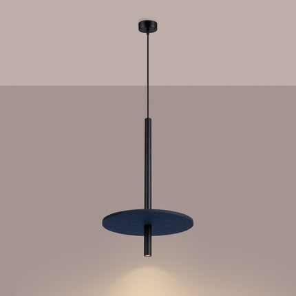 suspension disque de feutre bleu marine et tube fin noir 30 cm, lumière allumée