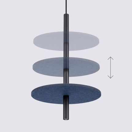suspension disque de feutre bleu marine et tube fin noir 30 cm, vue de détail
