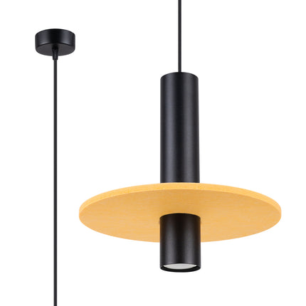 suspension disque de feutre jaune et spot cylindrique noir 30 cm, vue produit