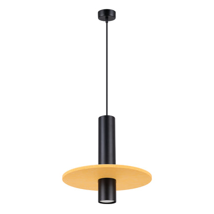 suspension disque de feutre jaune et spot cylindrique noir 30 cm, packshot sur fond blanc