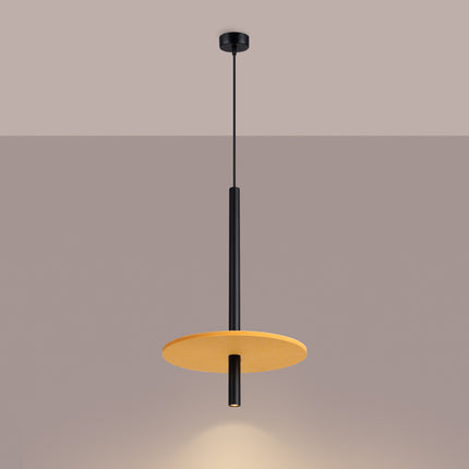 suspension disque de feutre jaune et tube fin noir 30 cm, lumière allumée
