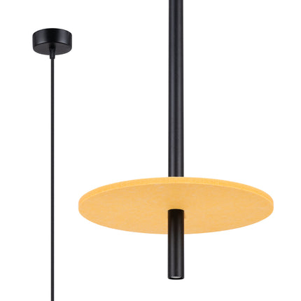 suspension disque de feutre jaune et tube fin noir 30 cm, vue produit