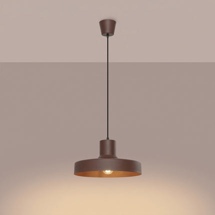 suspension dôme atelier brun chocolat en acier, lumière allumée
