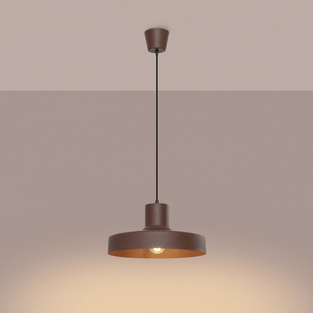 suspension dôme atelier brun chocolat en acier, lumière allumée