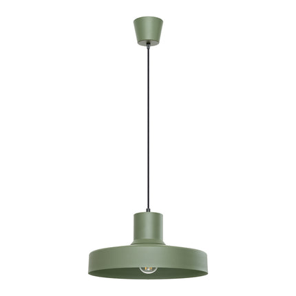 suspension dôme atelier vert olive en acier, packshot sur fond blanc