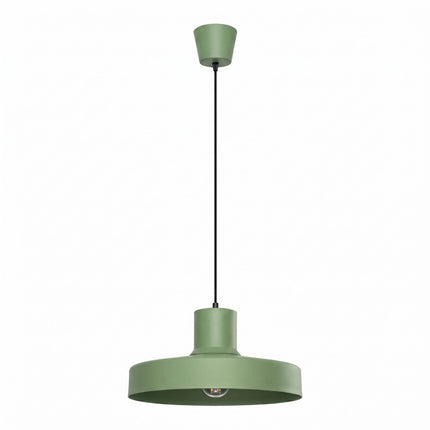 suspension dôme atelier vert sauge en acier, packshot sur fond blanc