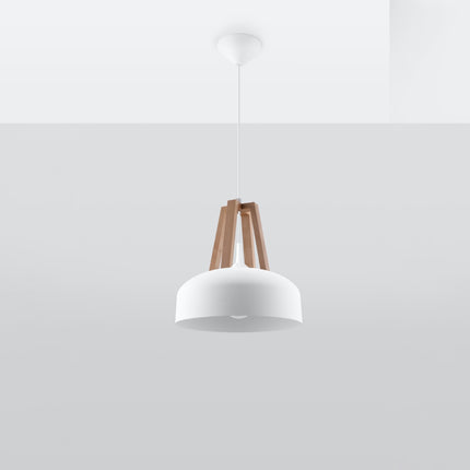 Suspension Dôme Blanc et Bois Naturel en acier et bois naturel dans un salon contemporain