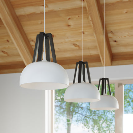Suspension Dôme Blanc et Noir en acier et bois naturel schéma des dimensions