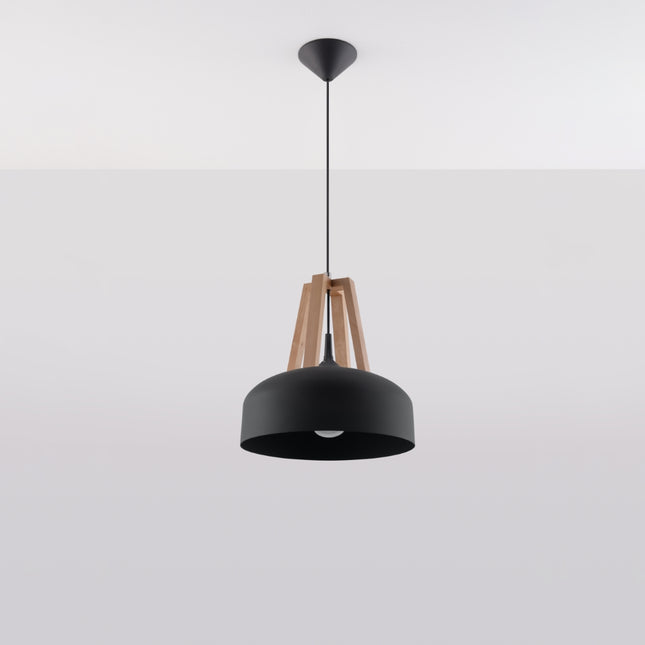 Suspension Dôme Noir et Bois Naturel en acier et bois naturel dans un salon contemporain