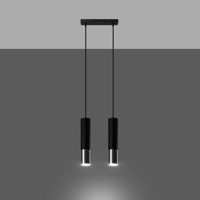 Suspension double tube noir et chrome allumée, deux faisceaux GU10 dirigés vers le bas