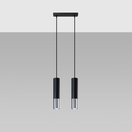 Suspension double à deux tubes en acier noir mat et chrome, embase rectangulaire au plafond