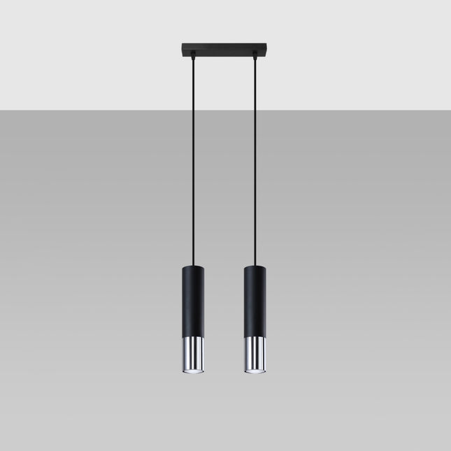 Suspension double à deux tubes en acier noir mat et chrome, embase rectangulaire au plafond