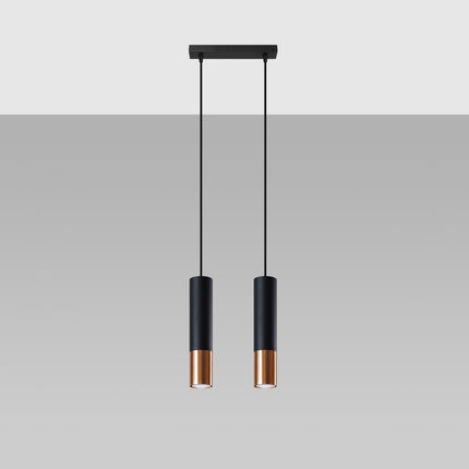 Suspension double à deux tubes noir et cuivre vue de face sur fond gris