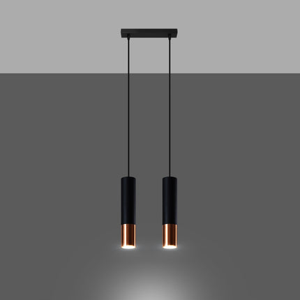 Suspension double tubes noir et cuivre allumée, faisceaux GU10 dirigés vers le bas