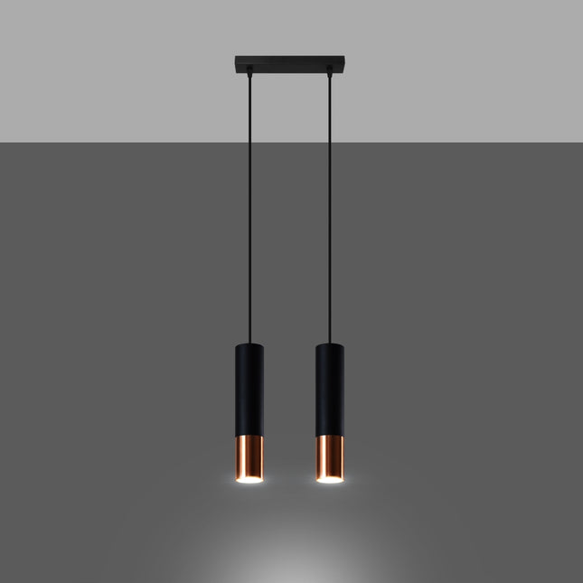 Suspension double tubes noir et cuivre allumée, faisceaux GU10 dirigés vers le bas