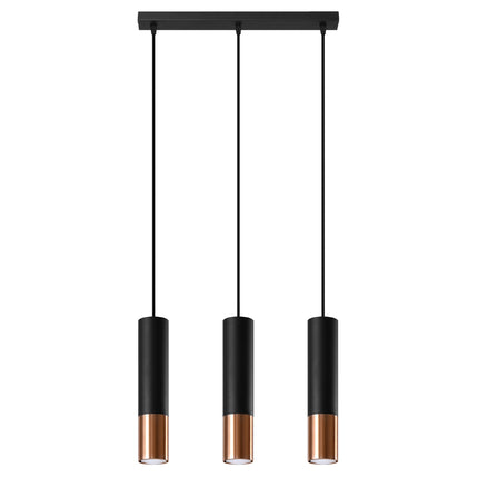 Suspension 3 tubes acier noir mat et cuivre sur fond blanc, vue de face
