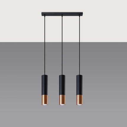 Suspension Duo Metallic 3 tubes en acier noir mat et cuivre, luminaire design