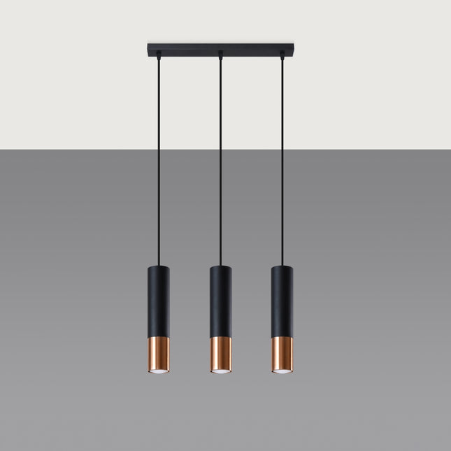 Suspension Duo Metallic 3 tubes en acier noir mat et cuivre, luminaire design
