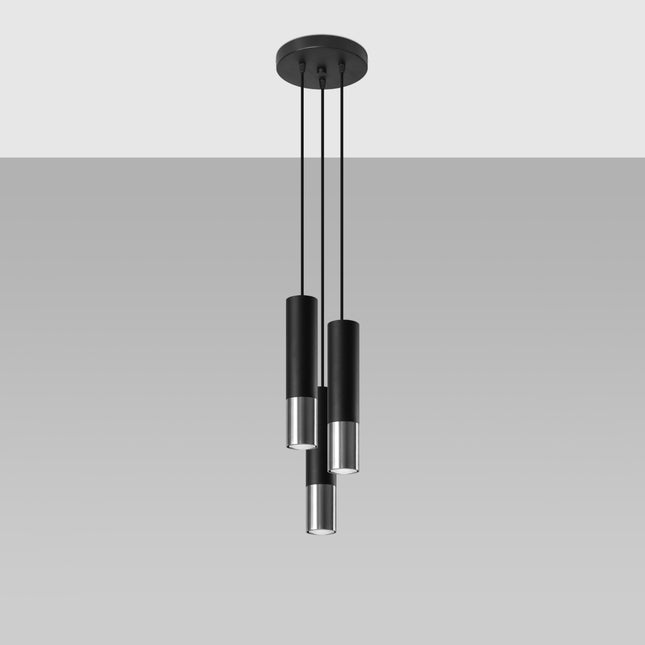 Suspension 3 tubes en métal noir mat et chrome poli, culots GU10, retombée décalée