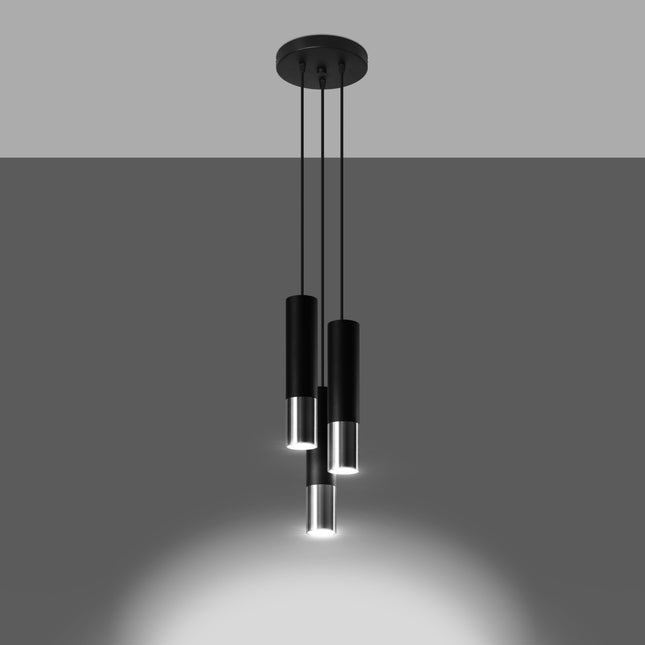 Suspension Duo Metallic allumée, faisceau chaud tombant des trois tubes noir et chrome