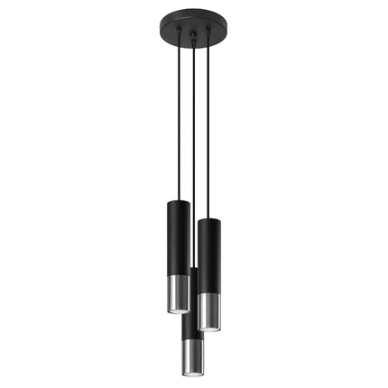 Suspension 3 tubes cylindriques noir mat et chrome sur fond blanc, platine ronde