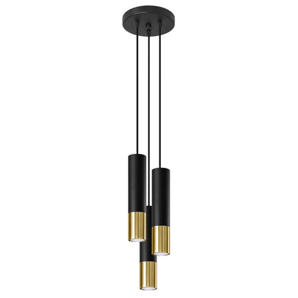 Suspension Duo Metallic 3 tubes en acier noir mat et doré laiton, source GU10