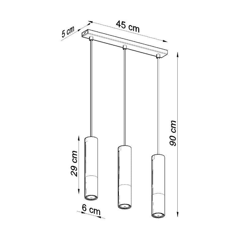 Dimensions Suspension Linéaire Duo Metallic 3 Tubes Noir et Cuivre