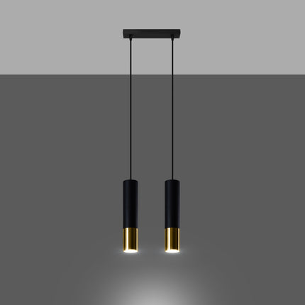 Suspension double Duo Metallic noir et doré allumée, faisceau GU10 dirigé vers le bas