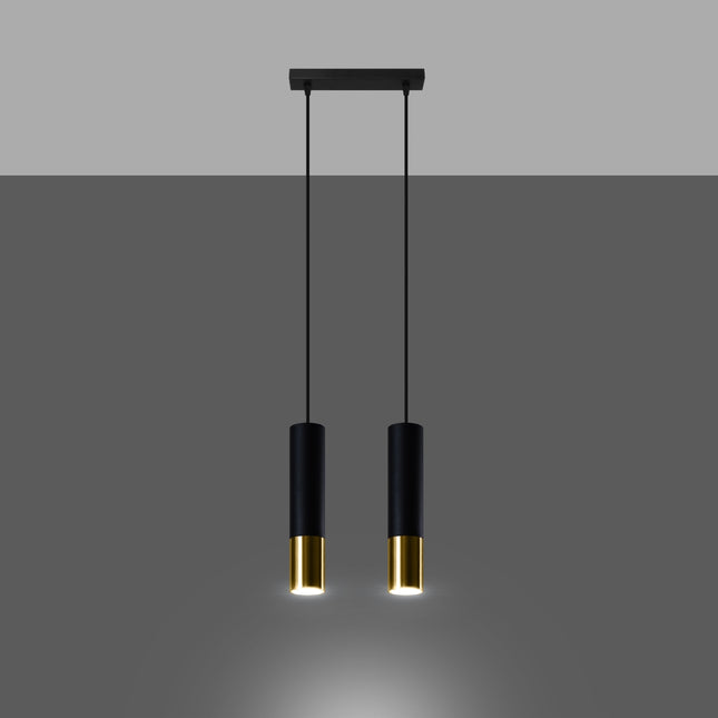 Suspension double Duo Metallic noir et doré allumée, faisceau GU10 dirigé vers le bas