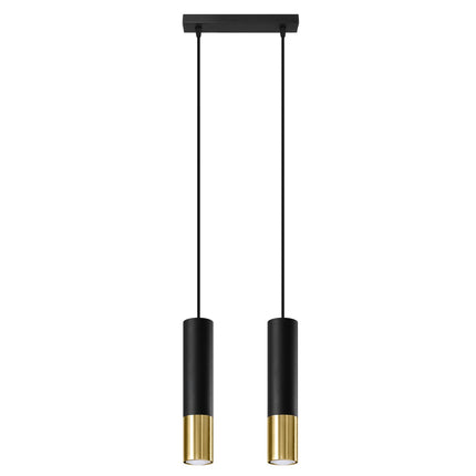 Suspension Duo Metallic noir mat et laiton doré, deux tubes verticaux sur fond clair