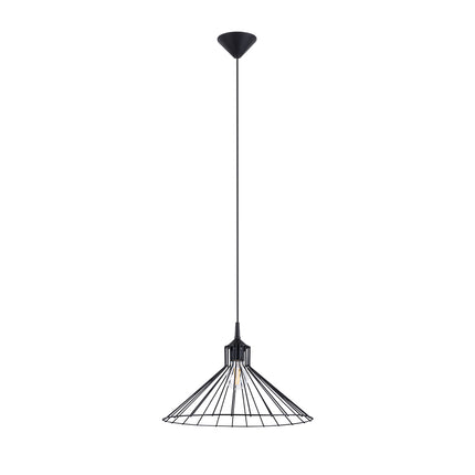 Suspension Eda en acier noir, abat-jour conique filaire avec douille E27 sur fond blanc