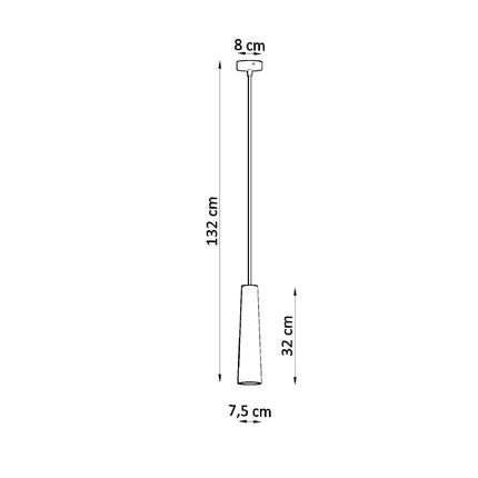 Schéma de cotes de la suspension Electra: abat-jour 32 cm, diamètre 7,5 cm, hauteur totale 132 cm