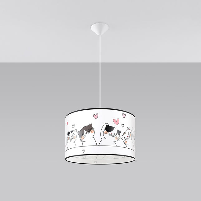 Suspension enfant Chat 40 cm, vue de face avec câble et rosace conique blanche