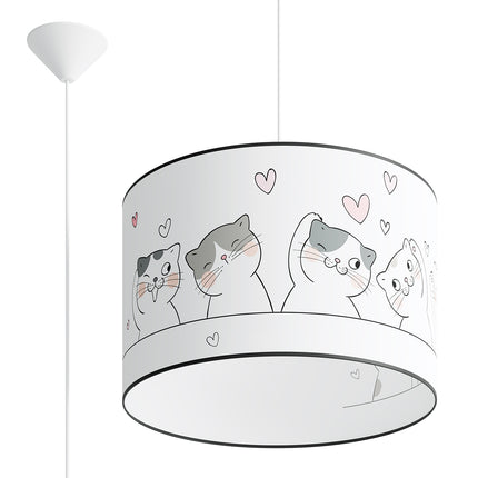 Suspension enfant Chat 40 cm, abat-jour PVC blanc motif chatons, vue d'ensemble sur fond blanc