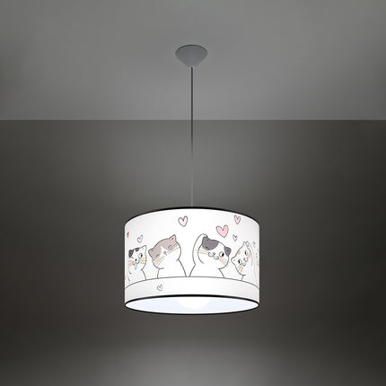 Suspension enfant Chat 40 cm, vue de profil, abat-jour cylindrique cerclé de noir