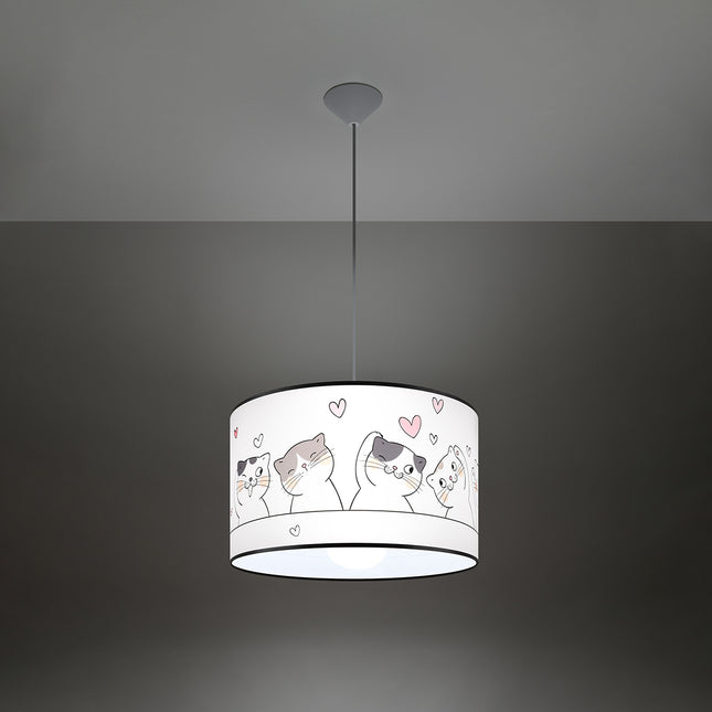 Suspension enfant Chat 40 cm, vue de profil, abat-jour cylindrique cerclé de noir