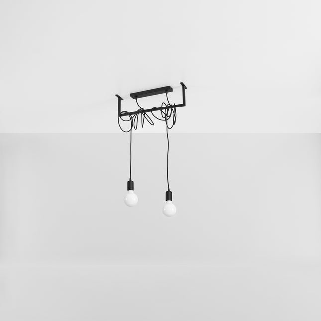 Suspension Entrelacs 2 lumières en métal noir aux ampoules apparentes, sur fond clair