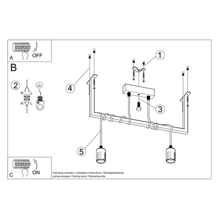 Schema de montage au plafond de la suspension Entrelacs 2 lumieres noire