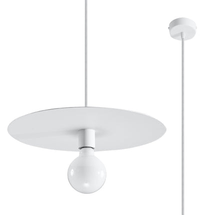 Detail du disque plat en acier blanc et de l'ampoule E27 de la suspension Flavio